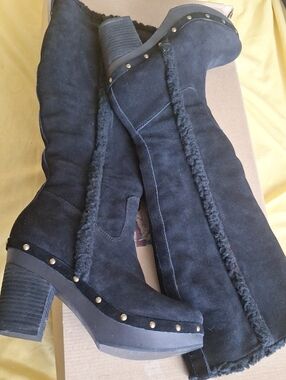 Black Suede Over-the-Knee Boots with Faux Shearling and Stud Trim